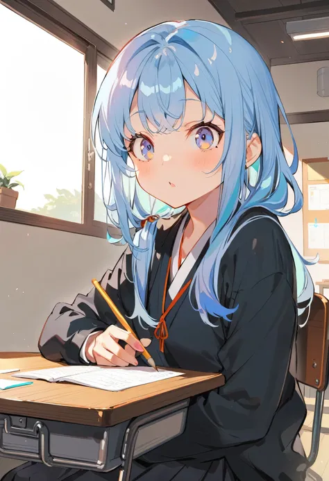 1 girl, long light blue hair, dark blue, sitting in the classroom, black school modern, japanese cartoons