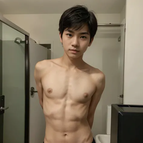 Asian boy, 15 year old, fox eyes, green eyes, Pinterest selfie pose, pale skin, toned and slim body, short black fluffy hair