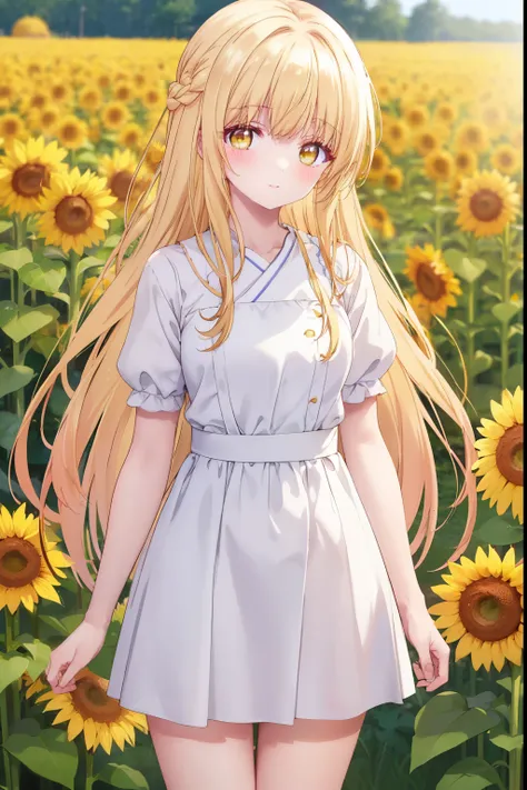 Mahiru shiina, , blonde, (Yellow Eyes:1.3)、Braided long hair,,blush,smile,Captivating thighs、Beautiful bare legs, Sideways armpit、Very cute short sleeves、Sunflower field
（masterpiece:1.2), highest quality, High resolution, unity 8k wallpaper, (shape:0.8), ...