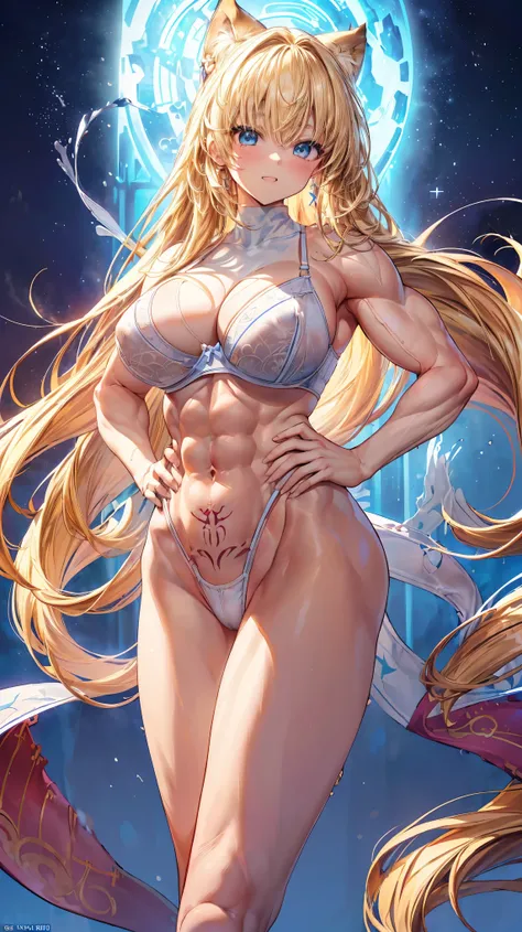 Very detailed、highest quality、Best image quality、masterpiece、8k、Anime Face、A kind smile、(Open your mouth:1.3)、Sparkling blue eyes、(Blonde semi-long hair:1.5)、(Muscles of the whole body:1.3)、(highleg:2.0)、Thigh belt、(Cowboy Shot:1.5)、(SFW Giant)、(Thick body...