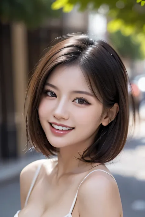 (8k, RAW Photos, highest quality, masterpiece, Realistic, Realistic), (1 female), (Ultimate beauty), Highly detailed face, (Perfect Teeth), Beautiful Eyes, double eyelid, eyelash, smile, Lip details, (Neat brunette bob), The light shines on your face, Big ...