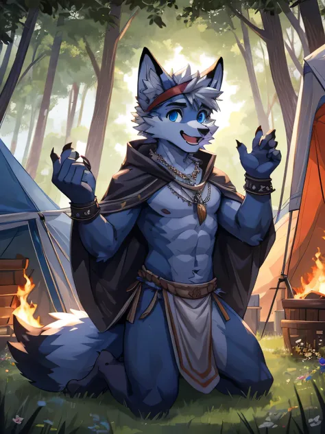 Hairy little fresh meat, teenager, Gray hair, White spiky hair on the head, detailed body ,fox, blue eyes, loincloth, cloak,masterpiece, Blue body hair, Delicate face, Big eyebrows, Delicate eyes, detailed body, Detailed hands, Detailed claws, White headba...