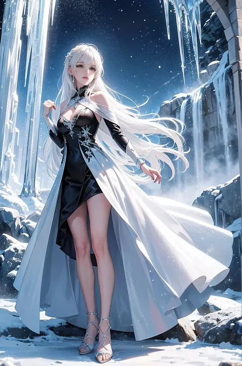 wood, Detailed mini ice spikes and crystals, Frozen waterfall as background, Light reflected on ice crystals, Flowing snowflakes.Beautiful woman、white hair、cutegirl,Realistic people,black dress
