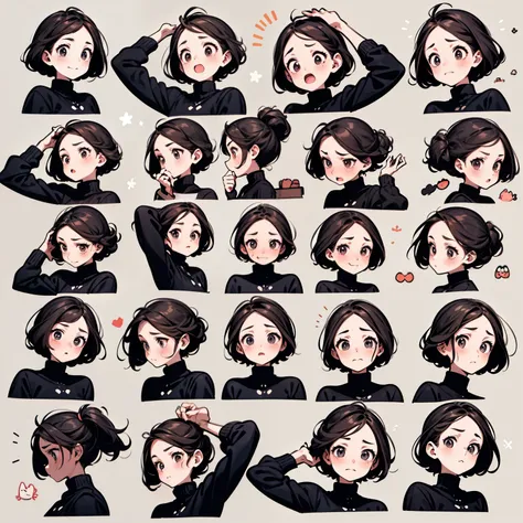 Cute big tits,Black polo neck shirt、Emoji Pack,9 Emojis,Emoji Sheet,Align the layout,Various postures and expressions(Sad,surprise,Have fun,Excited, touch your head,Selling Moe, hang on),Anthropomorphic style,Disney Style,Black Line,Various emotional postu...