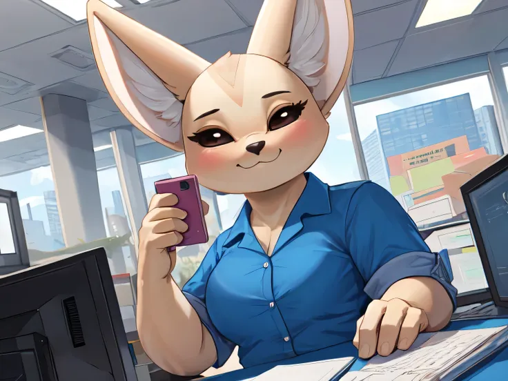 (melhor qualidade, obra de arte:1), fenneko hairy female den, colete azul, camisa branca, saia azul, seios grandes, calcinha bra...