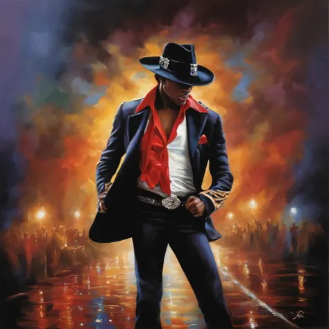 Create an amazing piece of art where a guy wears a hat like Michael Jackson.