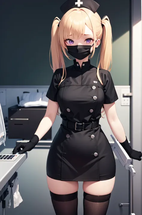 black nurse, 1girl, solo, black nurse cap, black nurse uniform, ((black legwear, zettai ryouiki)), black elbow gloves, twintails...