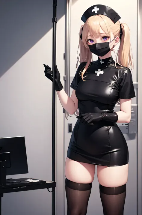 black nurse, 1girl, solo, black nurse cap, black nurse uniform, ((black legwear, zettai ryouiki)), black elbow gloves, twintails, yellow hair, purple eyes, ((black surgical mask, covered nose)), standing, ((surgery room)), sharp outline, short sleeves, bes...