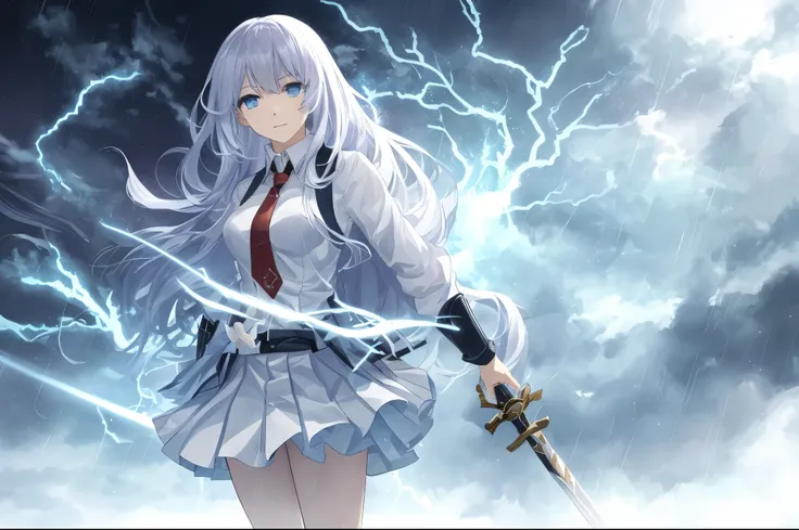 髪にlightningをまとい、Anime girl standing in the rain, Goddess of Thunder, 日本のGoddess of Thunder, lightningとともに, 彼女の後ろのlightningのしぶき, 雨とlightningで, lightning!!, lightning!!!, lightning, She attracts lightning, White-haired God, detailed lighting and thunder, 雨とl...