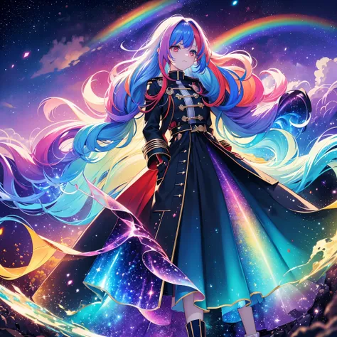 ((fantasy　rainbow hair　make your hair rainbow-colored on the inside　long hair　dull red eyes　have a galaxy　uniform　put on a coat ...