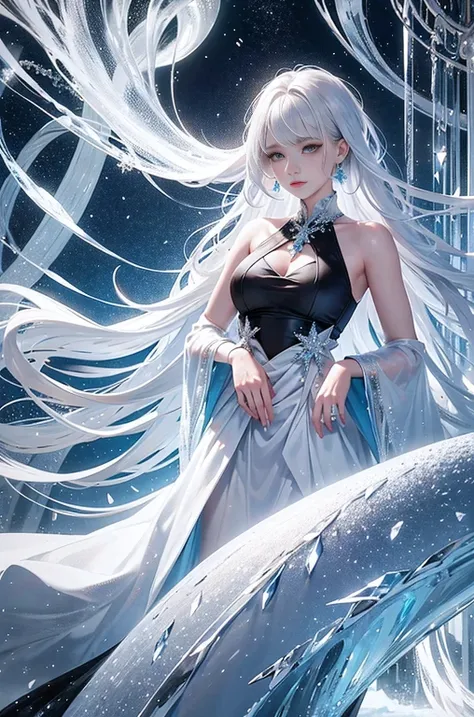 wood, Detailed mini ice spikes and crystals, Frozen waterfall as background, Light reflected on ice crystals, Flowing snowflakes.Beautiful woman、white hair、cutegirl,Realistic people,black dress
