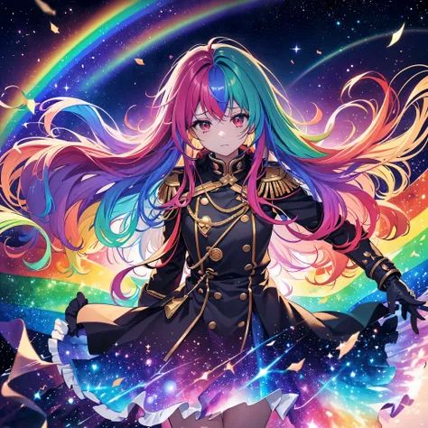 ((fantasy　rainbow hair　make your hair rainbow-colored on the inside　long hair　dull red eyes　have a galaxy　uniform　put on a coat ...