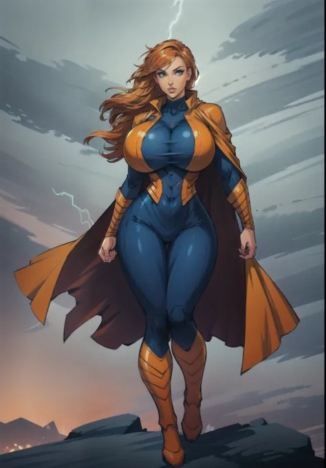 milf female superhero in a red cape, beautiful face, (orange hair:1.2), standing on a rock, lightning crest, lightning storm in ...