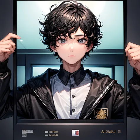 1 boy, black short perm hair, passport ID picture, student ID picture