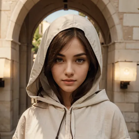 generate me a woman with almond-shaped eyes that appear partially hidden under a slight hood, a narrow nose with a defined bridge, thin lips with a subtle curve, eyebrows with a distinct arch, and straight hair framing her face elegantly.