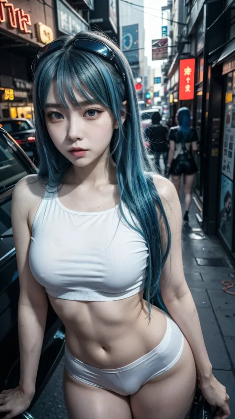 there is a woman with a blue hair and a white top, anime girl cosplay, inspired by Leng Mei, photo of slim girl model, anime girl in real life, seductive anime girl, cyberpunk 2 0 y. o model girl, chinese girl, female cyberpunk anime girl, photo of slim gi...