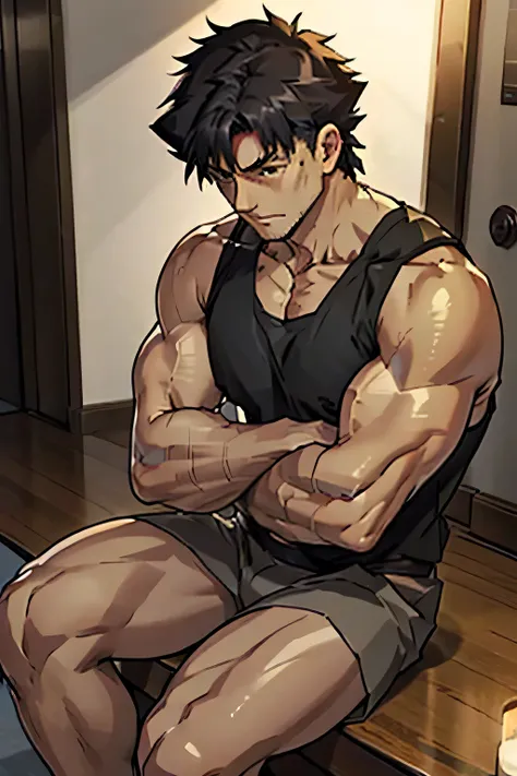 Kiritsugu Emiya is sitting in a black tank top without sleeves and black boxershorts and is flexing his biceps. He has many huge veins on his arms. His top is lifted up and his abs are visible.