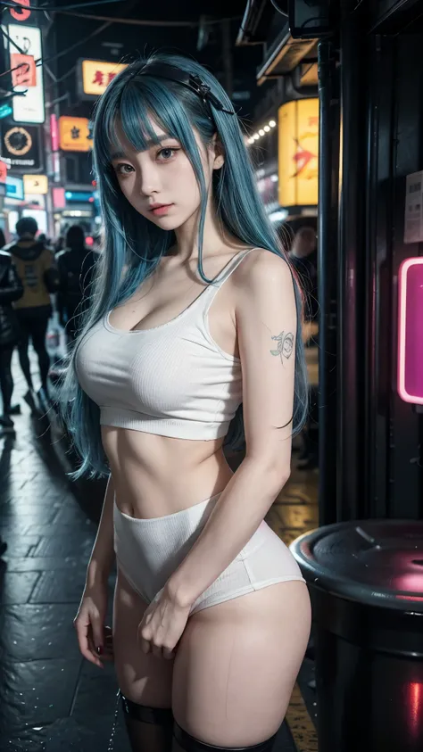 there is a woman with a blue hair and a white top, anime girl cosplay, inspired by Leng Mei, photo of slim girl model, anime girl in real life, seductive anime girl, cyberpunk 2 0 y. o model girl, chinese girl, female cyberpunk anime girl, photo of slim gi...