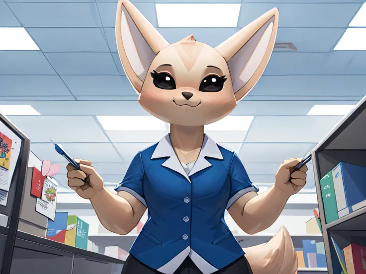 (melhor qualidade, obra de arte:1), fenneko hairy female den, colete azul, camisa branca, saia azul, seios grandes, calcinha bra...