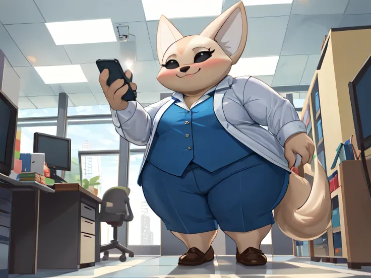 (melhor qualidade, obra de arte:1), fenneko hairy female den, colete azul, camisa branca, saia azul, seios grandes, saia azul, o...