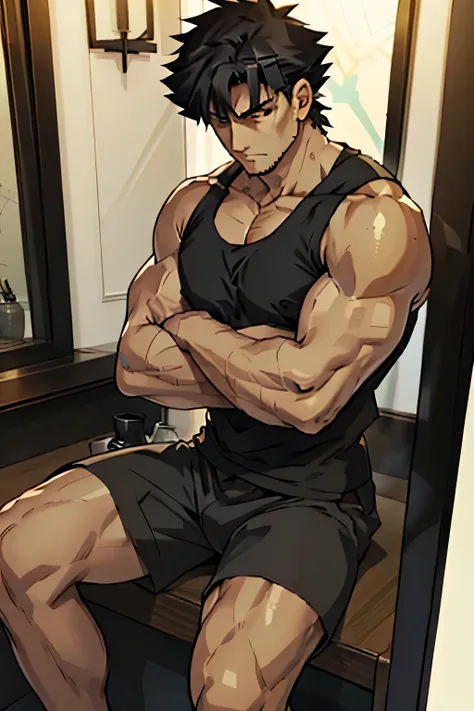 Kiritsugu Emiya is sitting in a black tank top without sleeves and black boxershorts and is flexing his right bicep. He has many huge veins on his arms. His top is flipped up and his abs are visible.