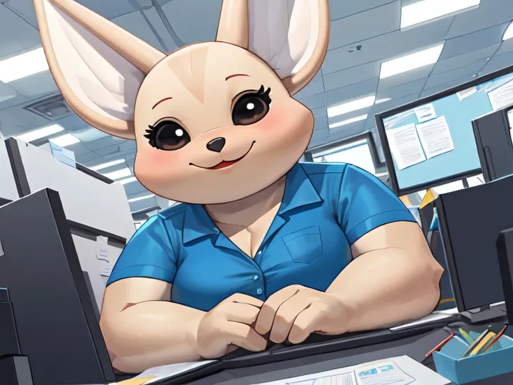 (melhor qualidade, obra de arte:1), fenneko hairy female den, colete azul, camisa branca, saia azul, seios grandes, olhando para...