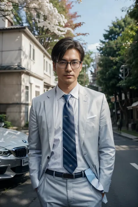 (wear silver-white titanium alloy thin-frame glasses、wearing a full light blue striped suit、white shirt、tie、about 25 years old、j...