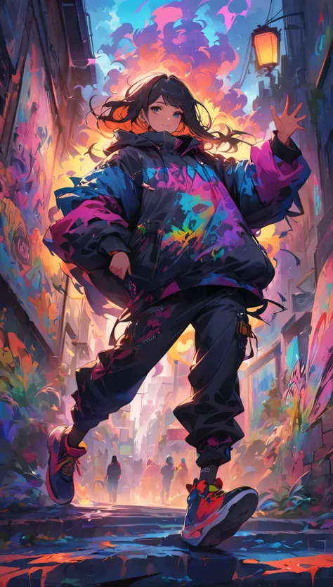 a tight focus on someone in hip-hop garb that pulls out to reve,hip-hop artist, vibrant street art mural, energetic atmosphere, expressive graffiti, bold colors, dynamic poses, urban fashion, intricate details, lively street scene, urban culture, rhythmic ...