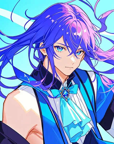 close-up of a boy wearing a purple and blue one-piece dress with a brooch、solo、official artwork、he has long cyan-purple hair、boy...