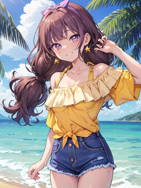 amanogawa kist, one girl, alone, purple hair band, brown hair、star earrings, yellow shirt,  off the shoulder、
small denim hot pa...