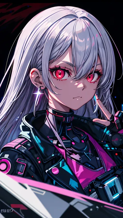 1 girl, alone, colorful, Red eyes, cyber punk, Full moon moonlight on black background, Countless Stars, peace sign, Earrings, Silver Hair, Have, Neon Signs, Beautiful light, Character Focus, CG illustration, Bust Shot, White collar jacket, 8k resolution, ...