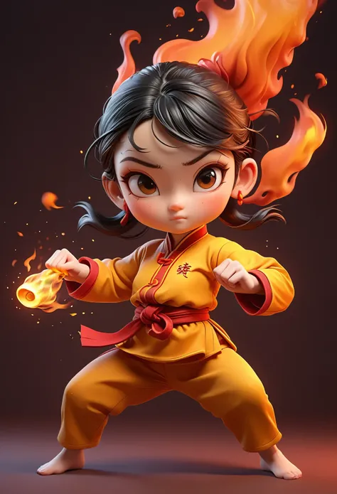 3d，kung fu girl，flames coming out of the body，cartoon style