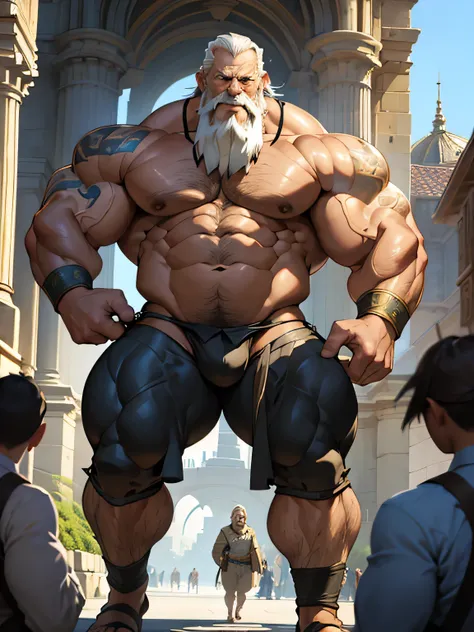 Giant, immense homoerotic muscular old man,weathered face,wrinkled skin,strong build,expressive eyes,powerful physique,beard and mustache,life-sized,legendary figure,impressive presence,breathtaking details,monumental sculpture,ancient artifact,vibrant pat...