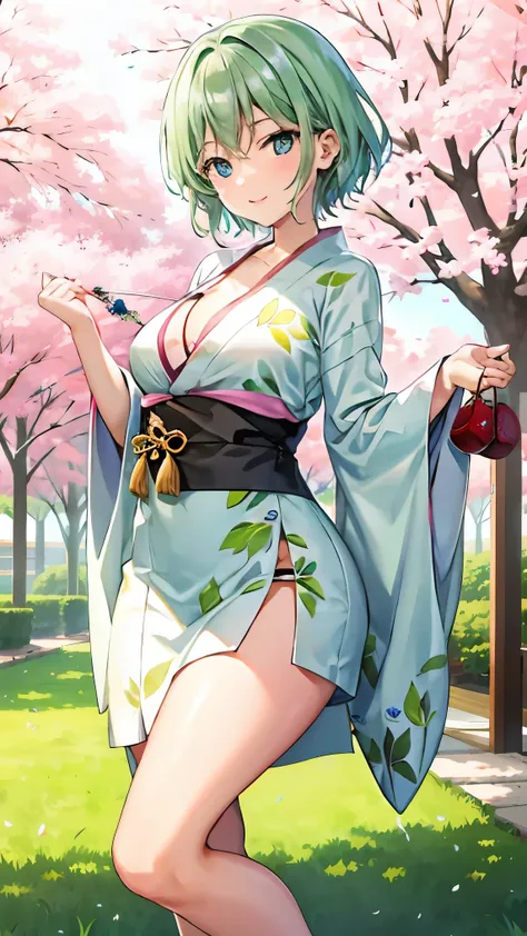 Girl with short green hair, Small breasts, Green Eyes, White Casual Beauty Special、(((tits)))Check out Dressless,Full body photo from head to toe、Kimono、Patterned Japanese clothing、Cherry tree in full bloom、Fluttering petals、Dance、Dancer、