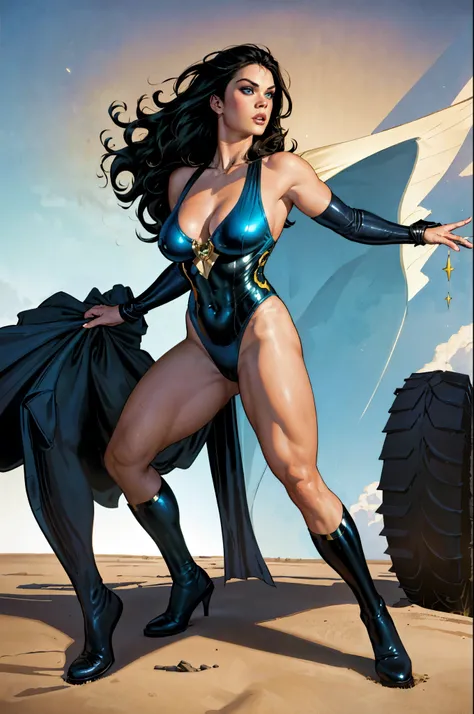 Alison Tyler in comic book panel, full body, bold lineart illustration comic, seductive blue eyes, parted lips, perfect body, curvy, long black hair, bodybuilder, nsfw, in the style of Adam Hughes, (extremely detailed, masterpiece, best quality, 8 K ), (((...