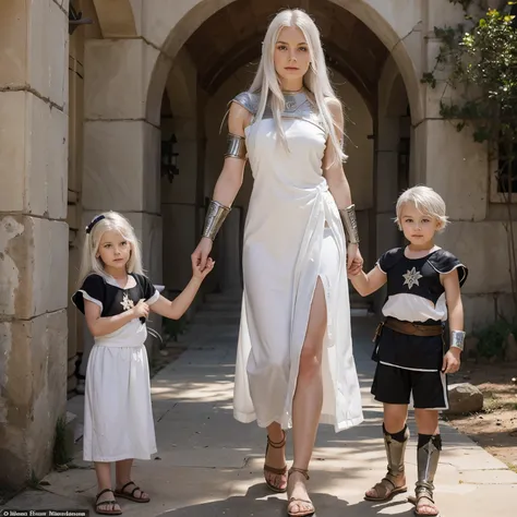 Draw a white-haired woman dressed as an armed warrior with children around her in honor of Mother&#39;s Day. 