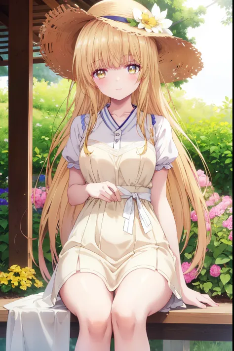 Mahiru shiina, , blonde, (Yellow Eyes:1.3)、Braided long hair,,blush,smile,Captivating thighs、Beautiful bare legs, Sideways armpit、Very cute short sleeve、Very beautiful garden、Holding a colorful bouquet💐、Wear a straw hat
（masterpiece:1.2), highest quality, ...