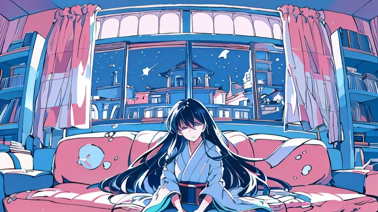 A Japanese woman with elegant features and radiant skin sits cross-legged on a plush sofa in her cozy room. Her long, black hair falls in soft waves around her shoulders, framing her pretty face as she closes her eyes and loses herself in the melodic tunes...