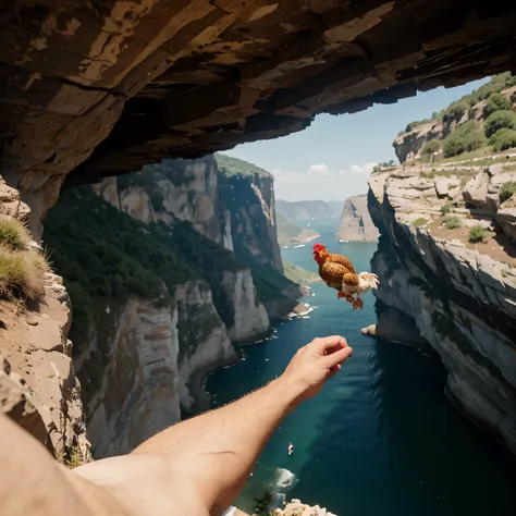 A man pulling a newborn chicken off a cliff 