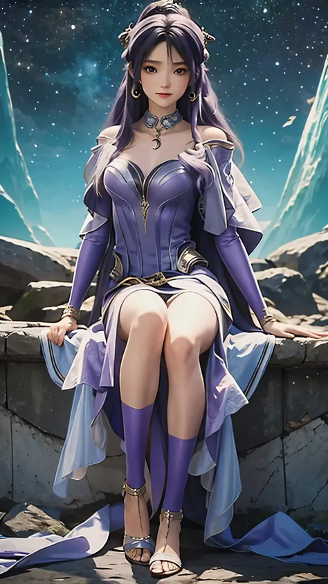 Ultra HD, 8K picture quality, A girl, Happy, Very long blue-purple hair, Blurry Purple Dress, Delicate eyes, Sitting, （（whole body）），barefoot，whole body盘腿，Unreal Engine 5,Background cosmic galaxy，background illusory，Thigh black，Black silk legs，Tulle draped...