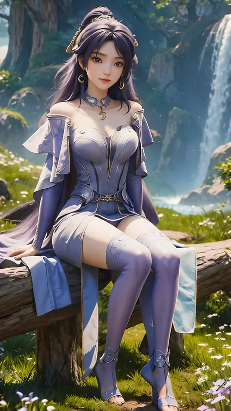 Ultra HD, 8K picture quality, A girl, Happy, Very long blue-purple hair, Blurry Purple Dress, Delicate eyes, Sitting, （（whole body）），barefoot，whole body盘腿，Unreal Engine 5,Background cosmic galaxy，background illusory，Thigh black，Black silk legs，Tulle draped...