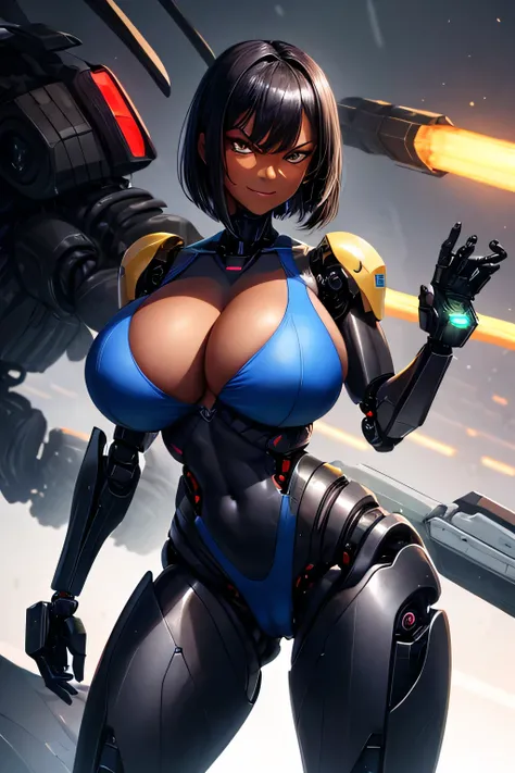 tall, shiny skin, glossy skin, huge breasts, fit, dark skin, very dark skin, very long legs , cameltoe, robot, android, cyborg, short black hair, angry smile