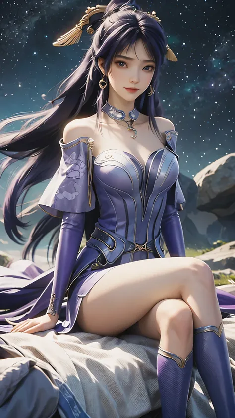 Ultra HD, 8K picture quality, A girl, Happy, Very long blue-purple hair, Blurry Purple Dress, Delicate eyes, Sitting,Sitting on the bed， （（whole body）），barefoot，whole body盘腿，Unreal Engine 5,Background cosmic galaxy，background illusory，Thigh black，Black sil...