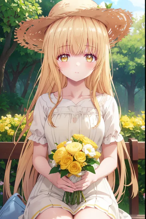 Mahiru shiina, , blonde, (Yellow Eyes:1.3)、Braided long hair,,blush,smile,Captivating thighs、Beautiful bare legs, Sideways armpit、Very cute short sleeve、Very beautiful garden、Holding a colorful bouquet💐、Wear a straw hat
（masterpiece:1.2), highest quality, ...