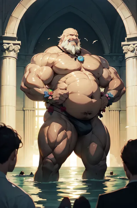 A huge happy grinning muscular old man, muscular arms, muscular legs, tall and imposing stature, wearing thong, large bulge, large belly, hairy chest, white beard with a happy expression on his face. accepting gifts of worship, strong jawline, thick eyebro...