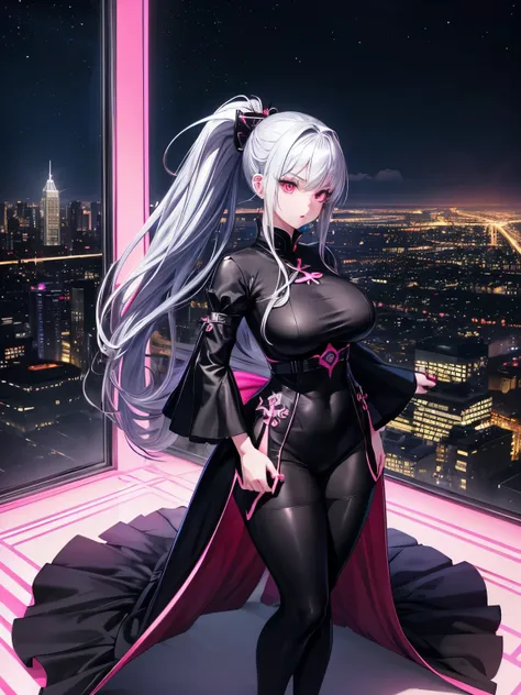 anime, (artwork, best quality, ultra-detailed, high contrast), 1 woman (Alone, full body, plus size body, standing on the edge of the skyscraper, silver hair, LONG In a ponytail, red eyes, perfect eyes ruby sparkles, (simple black qipao, black cybernetics ...