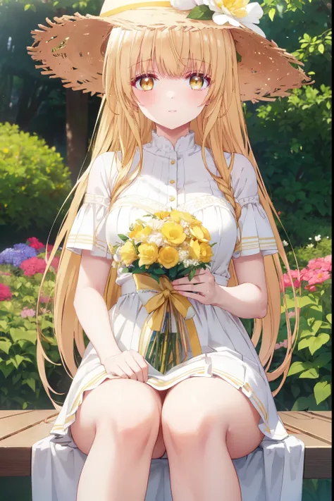 Mahiru shiina, , blonde, (Yellow Eyes:1.3)、Braided long hair,,blush,smile,Captivating thighs、Beautiful bare legs, Sideways armpit、Very cute short sleeve、Very beautiful garden、Holding a colorful bouquet💐、Wear a straw hat
（masterpiece:1.2), highest quality, ...