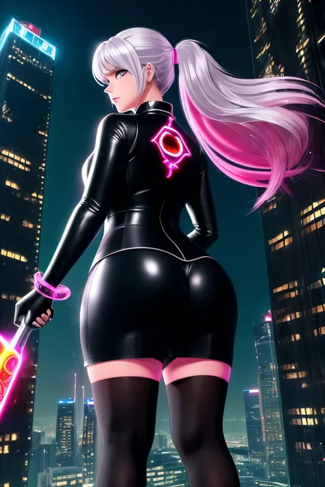 Anime, (artwork, best quality, ultra-detailed, high contrast), 1 woman (Alone, full body, plus size body, standing on the edge of a towering skyscraper, silver hair in a long ponytail, red eyes with perfect ruby sparkles, simple black qipao, black cybernet...