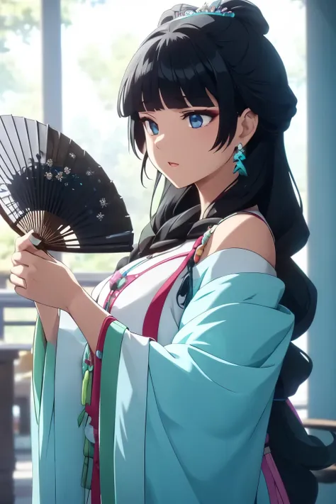 a female with raven-black hair cascading down her shoulders and adorned in a vibrant cyan outfit holds a white fan in her right ...