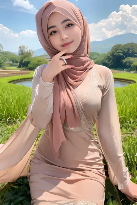 A beauty woman with hijab lying on the muddy paddy rice field, wearing a bra, mini skirt, with a wet body soaked, and a huge breast. The womans face is glowing and covered in sweat, with an enchanting smile. Her eyes are sparkling and beautiful, with long ...